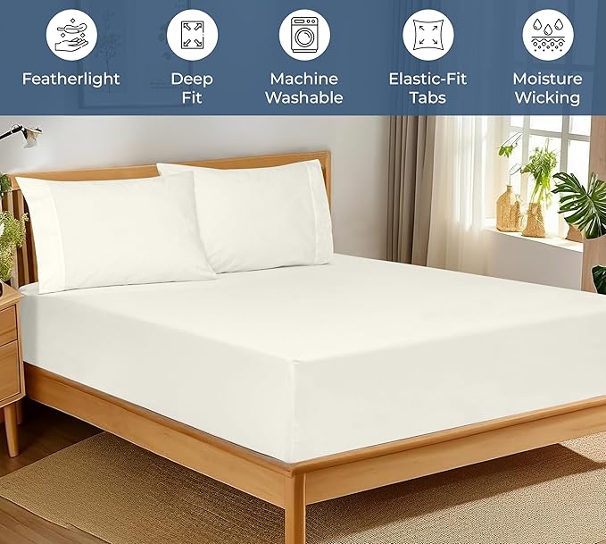 Royale Linens 100% Organic Cotton Fitted Sheet - Percale Weave - Super Soft Deep Pocket Bottom Sheets - Ivory Elastic Sheet Twin Size - Twin Fitted Sheets Only - (39"x75"+15", Ivory)
