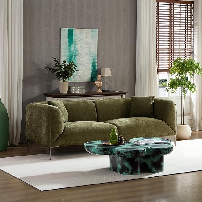MEETAKING 82.68" Modern Sofa, 3-Seater Deep Seats Tuxedo Couch, Boucle Sofas with 2 Pillows, Minimalist Couches Straight with Metal Legs, High Armrests for Living Room,Bedroom,Home Office(Green)