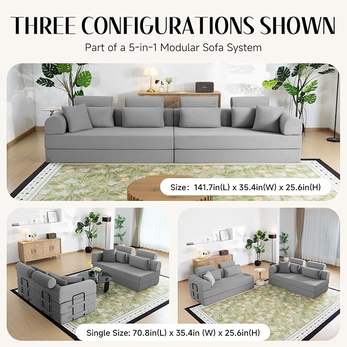 106" L-Shaped Modular Boneless Couch, 2-Piece System (2×70.87"), Convertible Sectional to 141.7" Straight Sofa, Corduroy Couch in a Box, Headrest & Back Pillows for Living Room, Light Grey