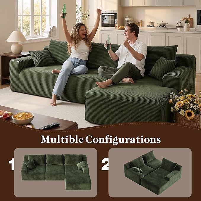 97" Cloud Couch Sectional, L-Shaped Corduroy Fluffy Modular Sofa with Deep Seat, Boneless Comfy Couches for Living Room,Bedroom,Right Facing Chaise, No Assembly Required (Green)