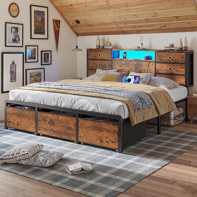 Homkdom King Size Bed Frame with 9 Fabric Storage Drawers, LED Lights & Charging Station, Metal Platform Bed Frame with Headboard Storage,No-Noise,Easy Assembly,Modern Brown