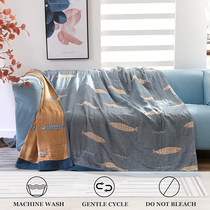 Boho Throw Blanket for Bed 100% Cotton Ultra Soft Rustic Quilt Spring Blanket Fish Farmhouse Decor Bed Blankets,60"x80" All Season Rustic Throw for Sofa Couch Chair