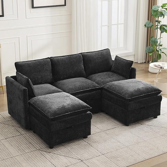 80" Cloud Modular 3 Seater Sofa with 2 Storage Ottoman, Modern Upholstered Storage Sofa Couch Deep Seat, U Shape Sectional Sofa Chenille Comfy Couch with Armrests for Living Room, Small Space, Black | Modular Sofa, Storage Ottoman, Upholstered Sofa, Se...