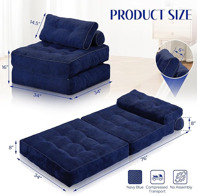 HABUTWAY Folding Sofa Bed, Convertible Sleeper Chair Bed w/Dual-Pillow & Handle, Foldable Floor Sofa Lounge w/Back Support for Living Room, Bedroom, Apartment, Office, Single, Navy Blue