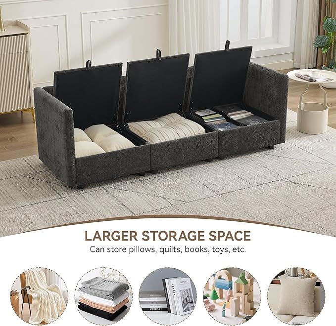 80" Cloud Modular 3 Seater Sofa with Storage, Modern Upholstered Storage Sofa Couch Deep Seat, Sectional Sofa Chenille Comfy Couch with Armrests for Living Room, Small Space, Dark Grey | Sofa Storage, Storage Sofa, Deep Seat, Sectional Sofa, Comfy Couch