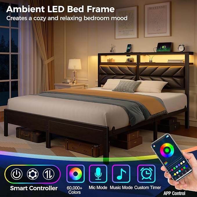 Seventable Queen Bed Frame with Charging Station & LED Lights, Upholstered Headboard with 2-Tier Storage Shelves, Metal Platform with Under Bed Storage, No Box Spring Needed, Easy Assembly, Black