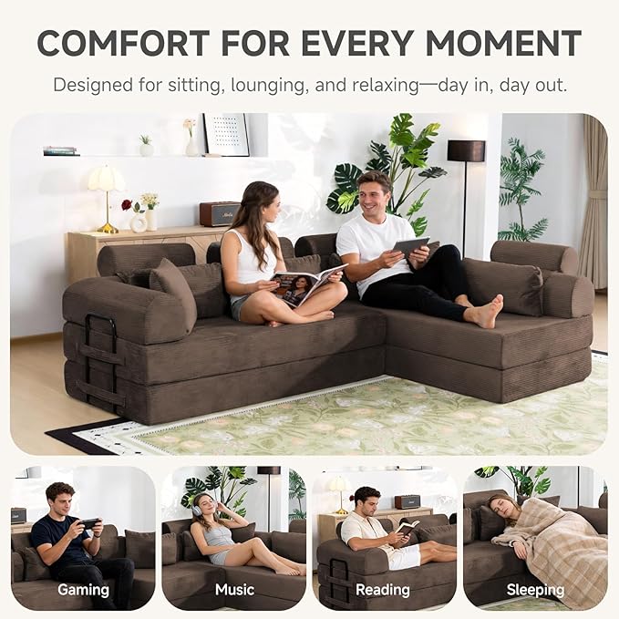 106" L-Shaped Boneless Sectional Couch, 2-Piece 70.87" Modules, Converts to 141.7" Extra-Long Straight Sofa, Corduroy Couch in a Box with Headrest & Back Pillows for Living Room, Brown