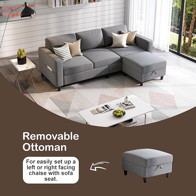 Sectional Sofas Couches for Living Room 78" L-Shaped Couch - Modern Linen Grey Sofa with Storage Ottoman for Apartments, Studios & Home Offices, Small Space