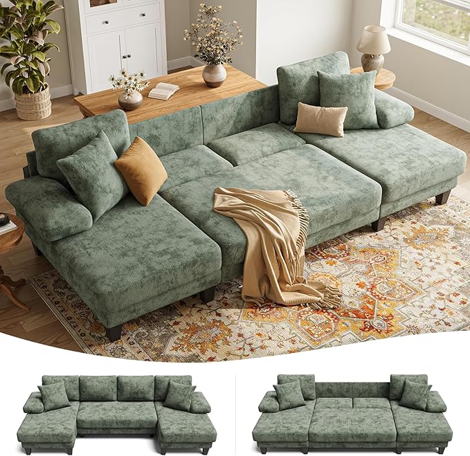 Txtin's Sleeper Sofa with Pull Out Couch Bed | 112 Inch Couches for Living Room | U-Shaped Convertible Sofa Bed | Chenille Green