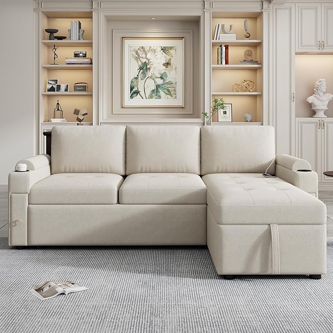 Harper & Bright Designs 83.5" L-Shaped Sofa Couch Convertible Sofa Bed Sectional Sofa with Ample Storage Space, Two Cup Holders and Two USB Ports for Living Room, Beige
