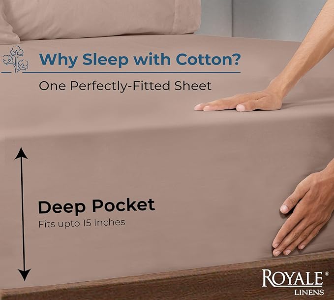 Royale Linens 100% Organic Cotton Fitted Sheet - Percale Weave - Super Soft Deep Pocket Bottom Sheets - Mocha Elastic Sheet Twin XL Size - Twin XL Fitted Sheets Only - (39"x75"+15", Mocha)