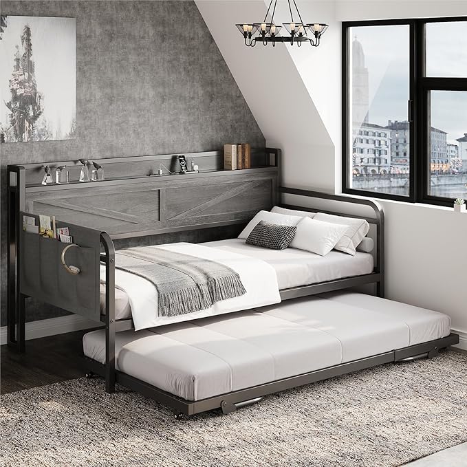 LIKIMIO Twin Daybed, Day Beds with Pop Up Trundle, Storage Headboard with Charging Station, Strong Supports for Apartment and Other Small Space, Charcoal Grey