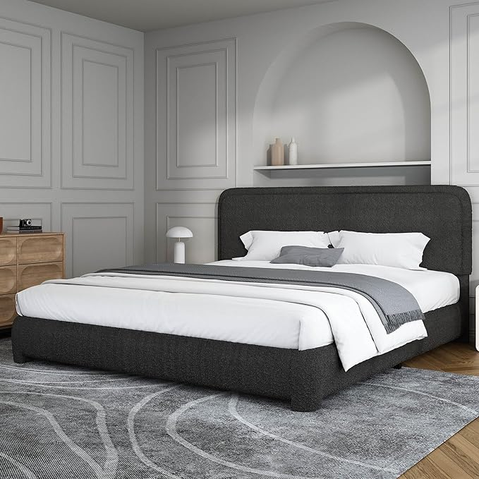 BarnFurin King Size Boucle Bed Frame and Headboard, Cloud Upholstered Platform Bed Frame, Soft Rounded Corners, No Box Spring Required, Non-Slip and Noise-Free, Easy Assembly, Black