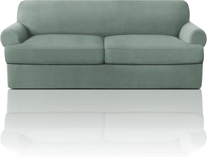 PrinceDeco T Cushion Sofa Slipcover 3 Pieces Sofa Covers for T Cushion Couch Soft Couch Covers Sofa Slip Cover Furniture Covers with 2 Individual T Shape Seat Covers Width Up to 88", Sage