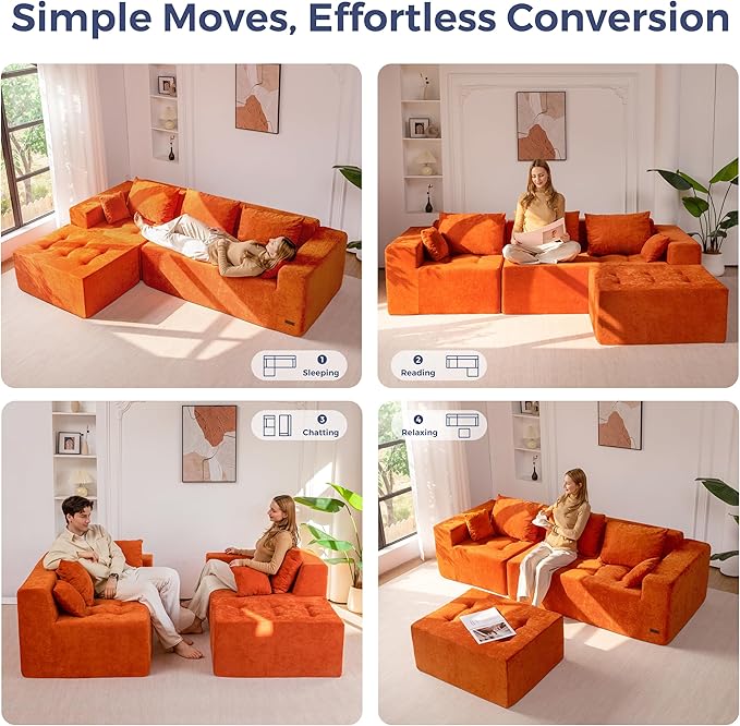 MAXYOYO Modular Sectional Sofa Couch, L Shaped Boneless Cloud Couch with Flexible Ottoman, Chenille Upholstered Living Room Sleeper Sofa Chair for Living Room, No Assembly Required, Orange