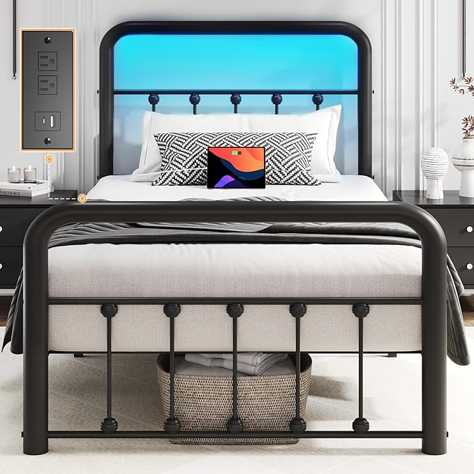 Fluest 14 Inch Twin Bed Frame Classic Metal Platform Bed Frame with Charging Station & LED, Victorian Style Iron-Art Headboard/Footboard, Under Bed Storage, No Box Spring Needed, Noise Free