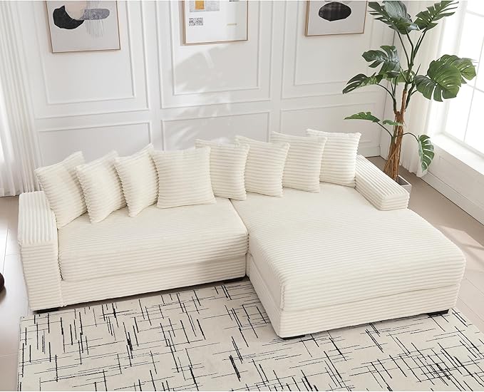 111 Inch Cloud Sectional Couches for Living Room | L-Shaped Sectional Couch with 8 Pillows | Corduroy Couch with Deep Seat | Solid Wood Frame Sofa Beige (Right Facing Chaise)