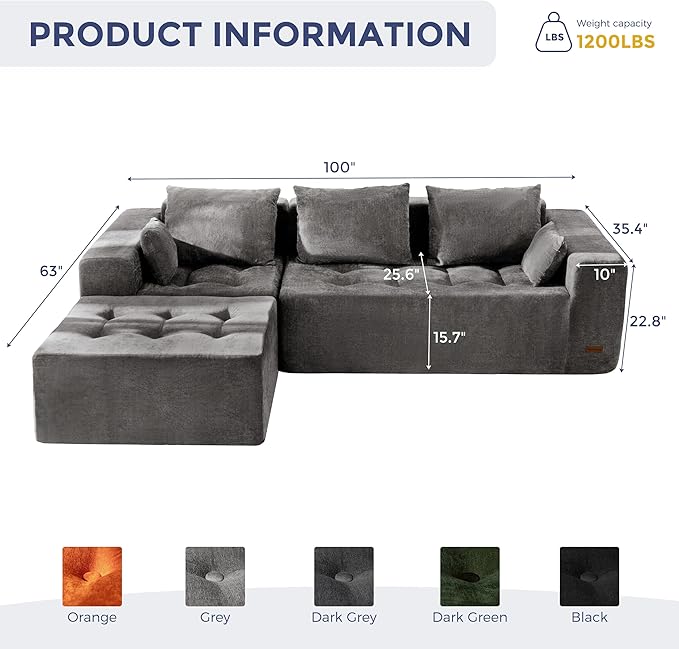 MAXYOYO Modular Sectional Sofa Couch, L Shaped Boneless Cloud Couch with Flexible Ottoman, Chenille Upholstered Living Room Sleeper Sofa Chair for Living Room, No Assembly Required, Light Grey
