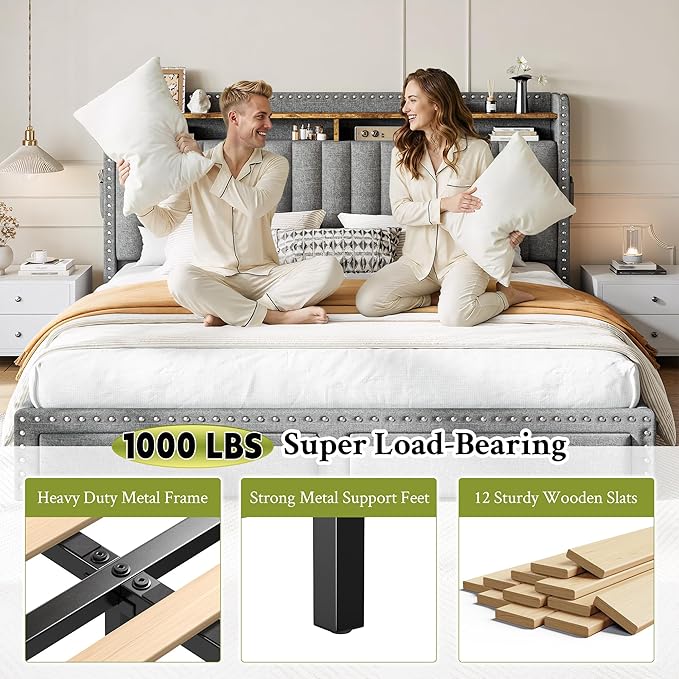 EnHomee King Size Bed Frame with 2 Metal Storage Drawers, Vertical Tufted Upholstered King Platform Bed with Headboard Shelf, 1000lbs Heavy Duty, No Box Spring Needed,Easy Assembly,Grey