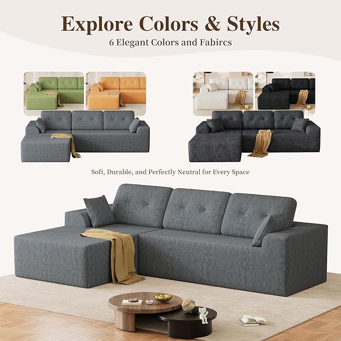 Ball & Cast 106" Cloud Sectional Couch, Compressed L-Shaped Sofa with Deep Seat Chaise, Boneless No Assembly Modular Couch, Foam & Spring Support, 2 Boxes (Right Facing, Chenille Dark Grey)