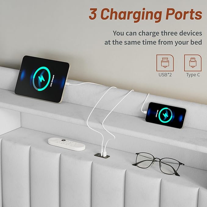 CypBed Full Size Upholstered Platform Bed Frame with Velvet & 2-Tier Storage Headboard, USB & Type-C Charging Ports, 4 Storage Drawers, Solid Wood Slats, No Box Spring Needed, No-Noise, White, Gifts