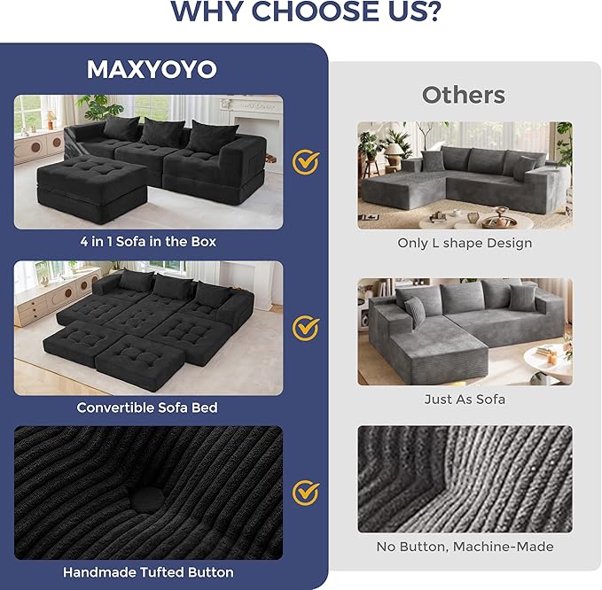 MAXYOYO Modular Sectional Sofa Couch, Foldable L-Shaped Folding Sofa Bed with Ottoman, Convertible Sectional Couch Corded Tufted Floor Sofa Lounger with Pillows for Living Room, No Assembly, Black