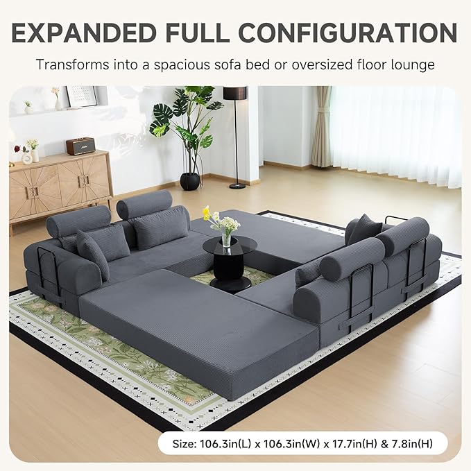 106" L-Shaped Boneless Sectional Couch, 2-Piece 70.87" Modules, Converts to 141.7" Extra-Long Straight Sofa, Corduroy Couch in a Box with Headrest & Back Pillows for Living Room, Dark Grey