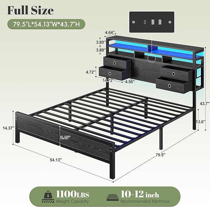 Homkdom Full Size Bed Frame with 2-Tier Storage Headboard and 4 Drawers,Bed Frame Full with LED Lights & Charging Ports,13.6" Under Bed Storage,Metal Full Bed 1100LBS Heavy Duty,No Noise,Modern Black