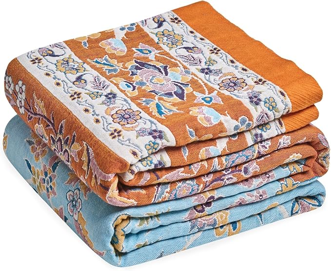 LUTBM Boho Throw Blanket for Bed Cotton Spring Blankets for Bedroom Living Room Twin All Season Lightweight Floral Embroidery Quilt for Couch Sofa Chair 60"x80" Home Decor