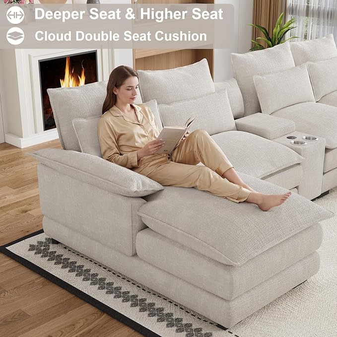 135" U Shaped Cloud Couch Sectional Modular Sectional Couches for Living Room Oversized Comfy Chenille Sofa Cloud Couch Set with Storage Central Console, USB Ports, Chaise Lounge, Ottoman, Cream White
