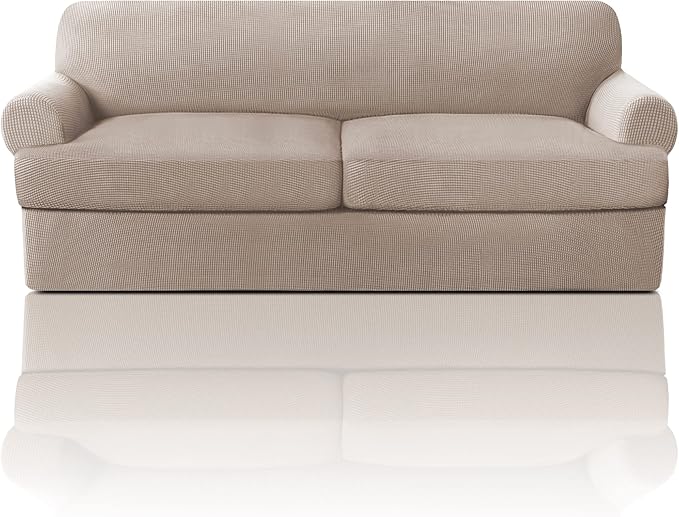PrinceDeco T Cushion Sofa Slipcover 3 Pieces Sofa Covers for T Cushion Couch Soft Couch Covers Sofa Slip Cover Furniture Covers with 2 Individual T Shape Seat Covers Width Up to 88", Sand