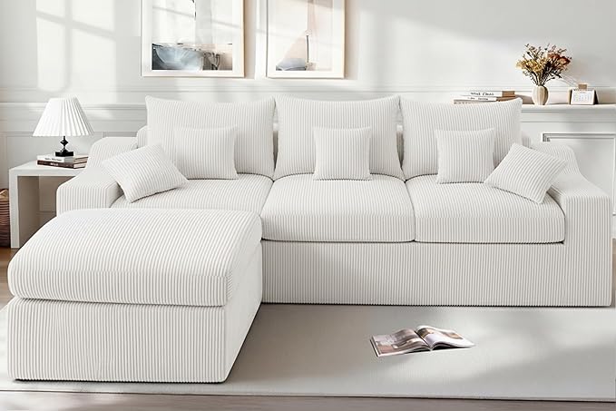 HABUTWAY 104" L Shaped Cloud Sectional Couch, Boneless Modular Sectional Sofa with Deep Seat, Corduroy Couches for Living Room, Modular Couch, No Assembly Required (Beige)