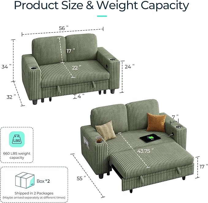 LINSY HOME Sectional Sleeper Sofa with Pull Out Couch Bed for Living Room (Green) | Plush Corduroy, Storage Ottoman, Storage Chaise, Pull Out Couch, USB Charging