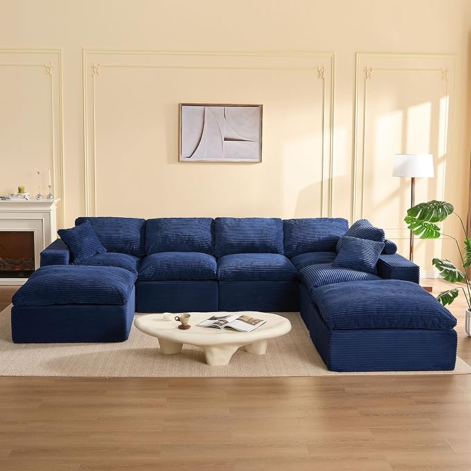 137.8” Sectional Couches for Living Room, Set of Cloud Couch, Modular Sectional Sofa, Convertible Sofas Bed, Deep Seat Sofa, Sleeper Sofa Full Size, Corduroy, Blue
