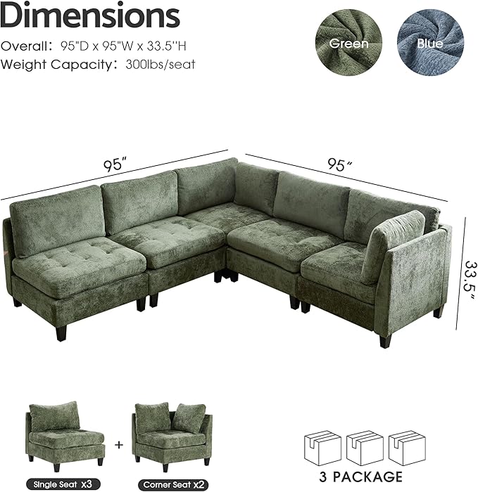 Luxe Oversized Modular Sectional Sofa，Modern Chenille Convertible Corner Couch，Comfy 5 Seater L-Shaped Sofas Sectional Cloud Couch for Living Room（Green，5-Seater）