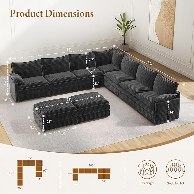 Vesgantti Large Modular Sectional Sofa, Big Comfy Cloud Couch with Ottoman Deep Seat Corduroy Cloud Sofa, 9 Seater Large Sectional Couches for Living Room, Bedroom and Apartment, Gray