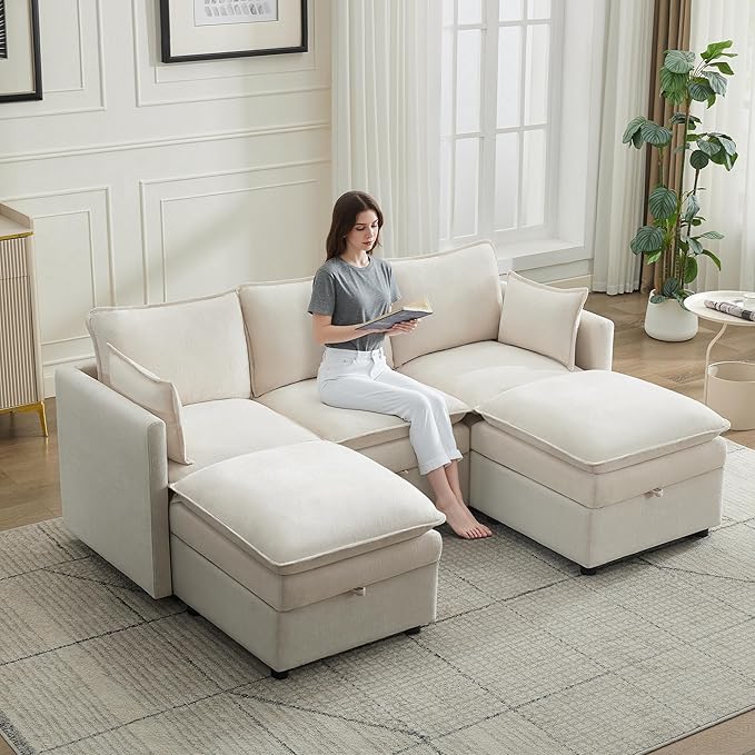 80" Cloud Modular 3 Seater Sofa with 2 Storage Ottoman, Modern Upholstered Storage Sofa Couch Deep Seat, U Shape Sectional Sofa Chenille Comfy Couch with Armrests for Living Room, Small Space, Beige | Modular Sofa, Storage Ottoman, Upholstered Sofa, Se...