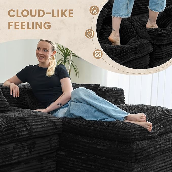 Belffin Plush Corduroy L Shaped Couch with Deep Seat Boneless Modular Sectional Cloud Boneless Couches for Living Room. Left Facing Chaise. Black Sofa