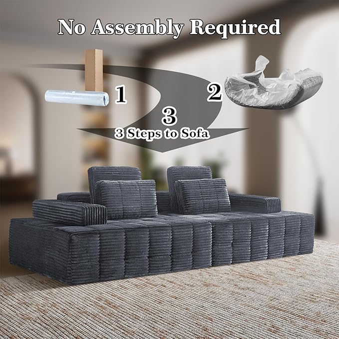 Modular Sectional Sofa with Movable Handrails, Straight-Row Boneless Sofa Sectional Couch for Living Room, Deep Seat Memory Foam Faux Rabbit Fur Fabric Sofa, No Assembly Required(Grey)
