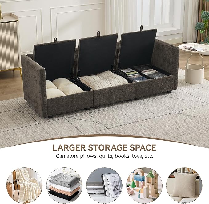 80" Cloud 3 Seater Sectional Modular Couch with Storage, Upholstered Storage Sofa Modern Couch Deep Seat, Chenille Convertible Sofa Comfy Couches with Armrests for Living Room, Small Space, Brown