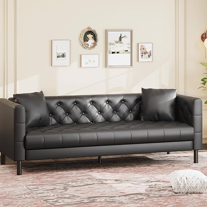 GarveeHome 78" Leather Couch for Living Room, Button-Tufted 3 Seater Sofa with 2 Pillows and Deep Seat, Modern Mid-Century Leather Sofa for Apartment, Office