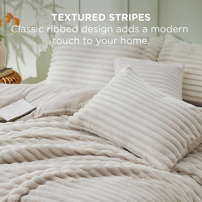 Bedsure Twin/Twin XL Size Comforter - GentleSoft™ 2 Pieces Double-Side Fleece Fluffy Linen Comforter Set, Cozy Striped Room Decor Aesthetic Luxury Twin Bedding Sets, 1 Pillowcase, 68x88 Inches