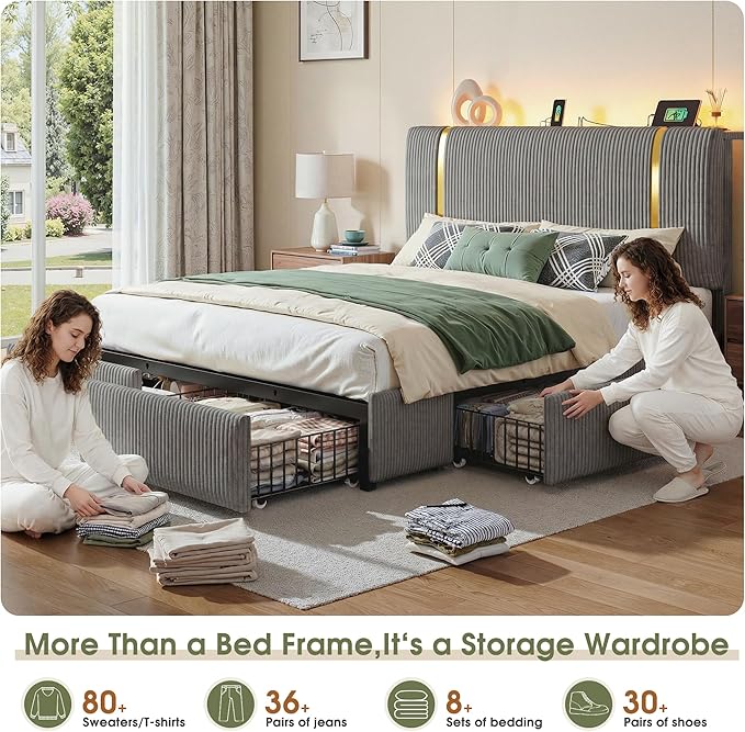 Homkdom Queen Bed Frame with 6 Storage Drawers, Upholstered Bed Frame Queen Size with Corduroy Headboard, LED Light & Charging Station, No Box Spring Needed, All Metal Slats, Grey