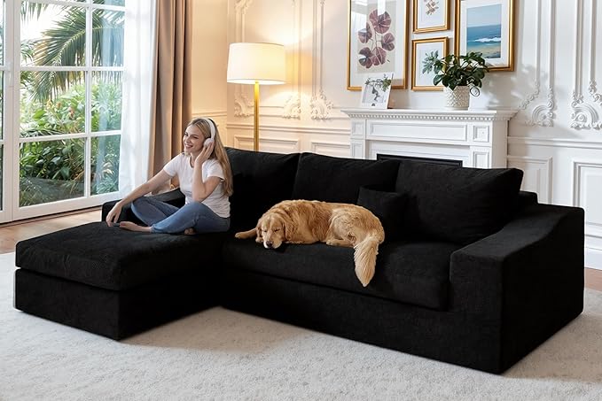 HABUTWAY 101'' Modular Sectional Sofa, Cloud Sectional Couches for Living Room, Comfy Boneless Couch with Deep Seat, Modern L-Shape Sofa with Chaise, No Assembly Required (Black, Left Facing Chaise)