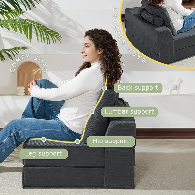 Folding Sofa Bed, 4 in 1 Convertible Sleeper Chair with Pillow, Loveseat Memory Foam Fold Out Chair Bed, Modern Floor Futon Sofa Couch Mattress for Living Room/Guest/Apartment, Black Grey | Compressed sofa, L shaped armrest, Sturdy backrest, Large supp...