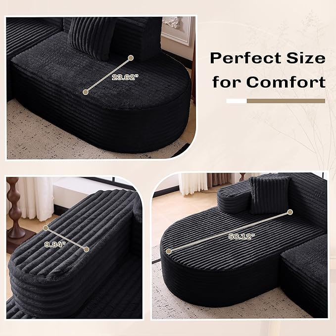 Modern Curved Boneless Sofa Couch, L-Shaped Corner Sofa, Corduroy Upholstered Cloud Sectional Couch for Living Room, Bedroom and Apartment,No Assembly Needed(Black, Right Hand Facing)