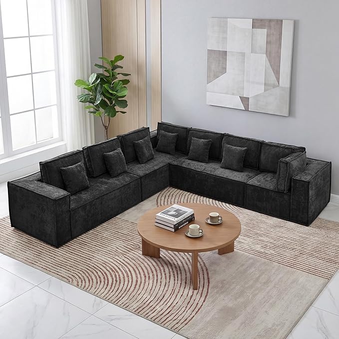 138'' Boneless Chenille L Shaped Couch, Oversized Modular Sectional 7 Seater Sofa, Modern Deep Seat Corner Cloud Compressed Couch, No Assembly Sleeper Sofa with Chaise for Living Room, Black