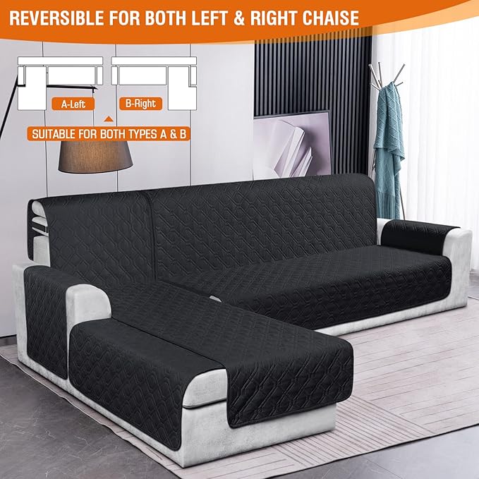 VANSOFY Sectional Couch Covers 100% Waterproof L Shaped Sofa Slipcover 3pcs Reversible Chaise Lounge Cover for Sectional Sofa Furniture Protector Cover for Pets Cat Dog(Large, Blcak)