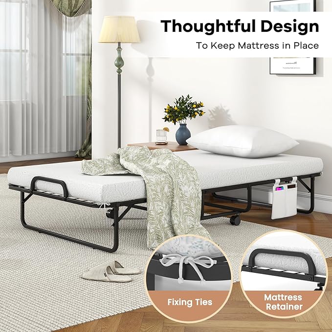 Giantex Folding Bed with Mattress and Top Pillow, Twin Size Portable Guest Beds w/Metal Frame, Storage Pocket, Space-Saving Rollaway Foldable Bed with Memory Foam Mattress for Adults, 75" x 39"