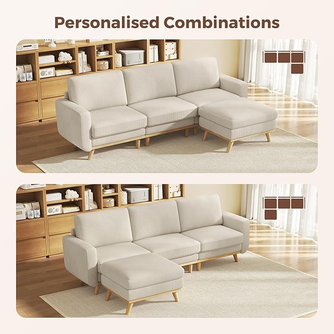 Vesgantti L-Shaped Modern Sofa, Modular Sectional Cloud Couch with Ottoman, Comfy Corduroy Deep Seat Sofa for Living Room, Bedroom and Apartment, Light Gray